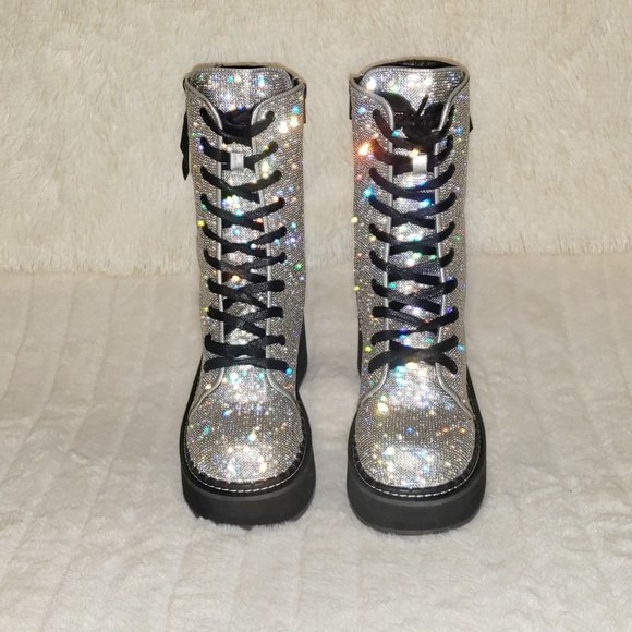 Super Sparkle Iridescent Rhinestone Platform Combat Mid Calf Boots 362 Emily - Picture 17 of 17